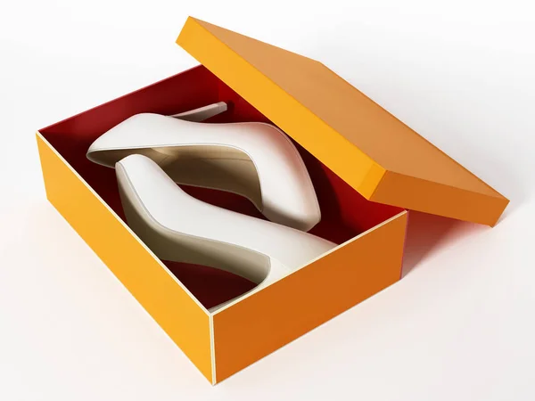 Chaussures femme et boîte blanche. Illustration 3d — Photo