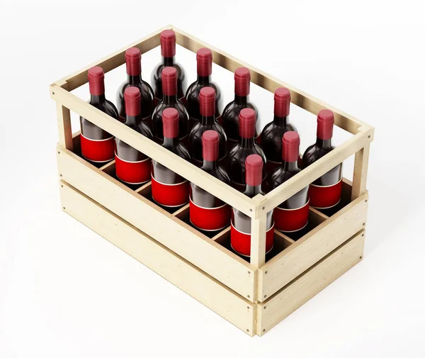 Cassa di legno di vino rosso isolato su sfondo bianco. Illustrazione 3D — Foto Stock