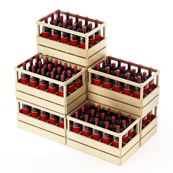 Dřevěné bedně červeného vína izolovaných na bílém pozadí. 3D obrázek — Stock fotografie