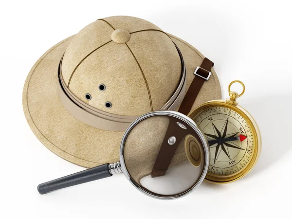 Cappello Explorer, lente d'ingrandimento e bussola d'epoca.. Illustrazione 3D — Foto Stock