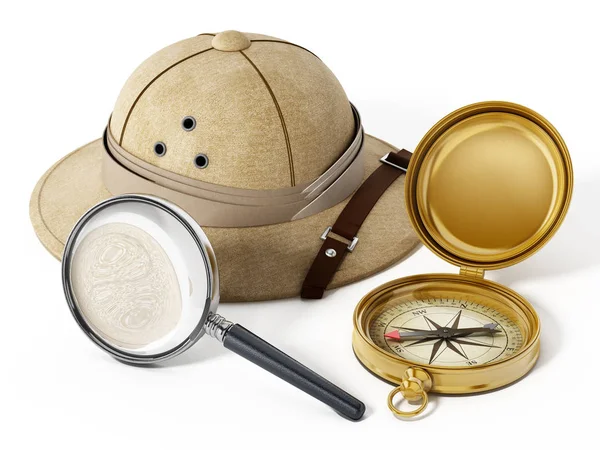 Explorer-kalap, nagyító és vintage iránytű. 3D-s illusztráció — Stock Fotó