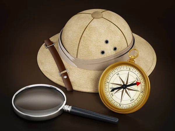 Капелюх провідника, збільшувальне скло і вінтажний компас. 3D ілюстрація — стокове фото