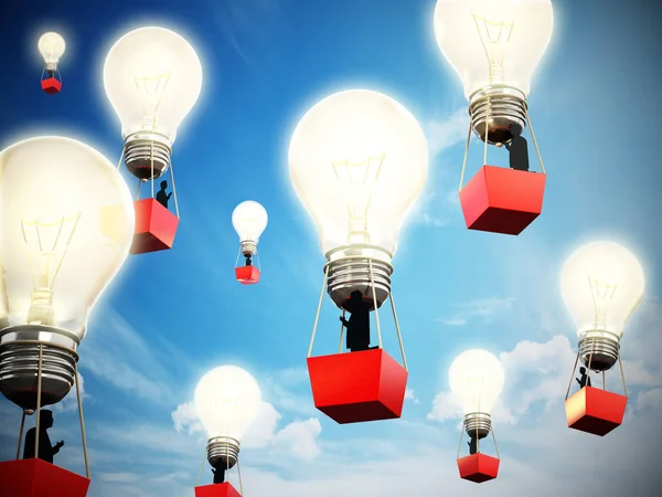 Des hommes d'affaires voyageant à l'intérieur de ballons d'ampoule. Illustration 3D — Photo