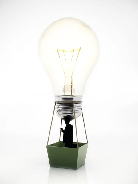Uomo d'affari che viaggia all'interno di palloncini di lampadina. Illustrazione 3D — Foto Stock