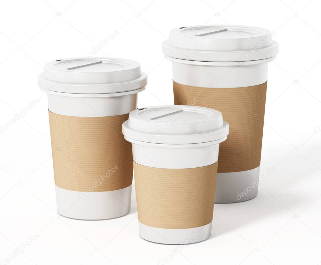 Various sized coffee cups isolated on white background. 3D illustration