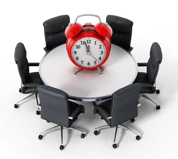 Reloj despertador rojo sobre mesa redonda aislado sobre fondo blanco. Ilustración 3D —  Fotos de Stock