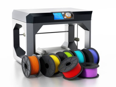 3D printer filaments beside printer. 3D illustration. clipart