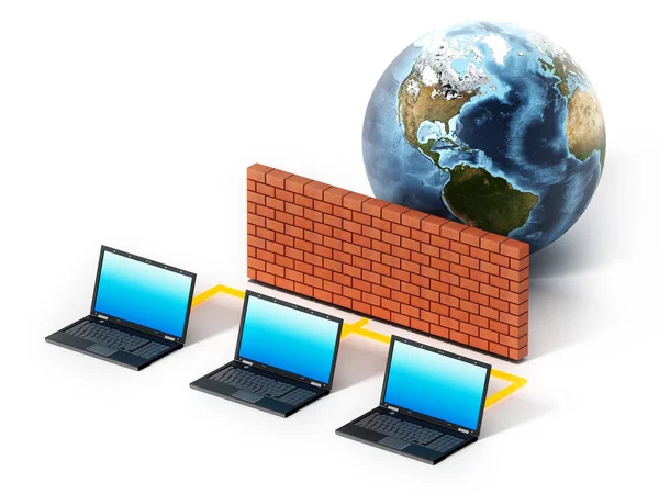 Ordenadores portátiles protegidos por firewall. Ilustración 3D —  Fotos de Stock