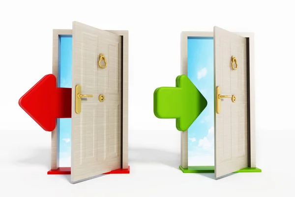Pijlen binnenvaren en verlaten van de deuren. 3D illustratie — Stockfoto