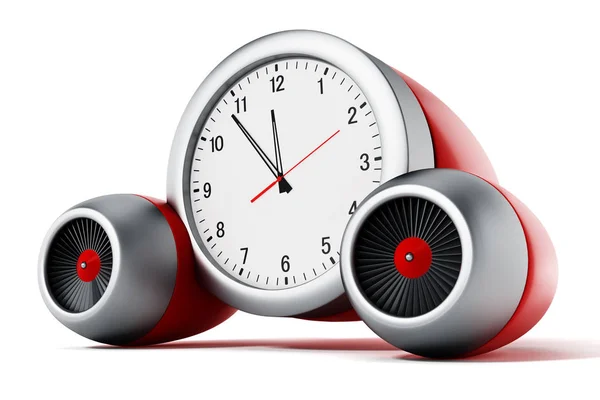 Horloge pointant quelques minutes à 12 avec des moteurs à réaction.Illustration 3D — Photo