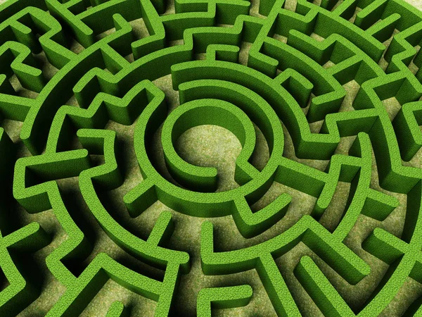 Круглый садовый лабиринт с зелеными кустами в виде стен. 3D иллюстрация — стоковое фото