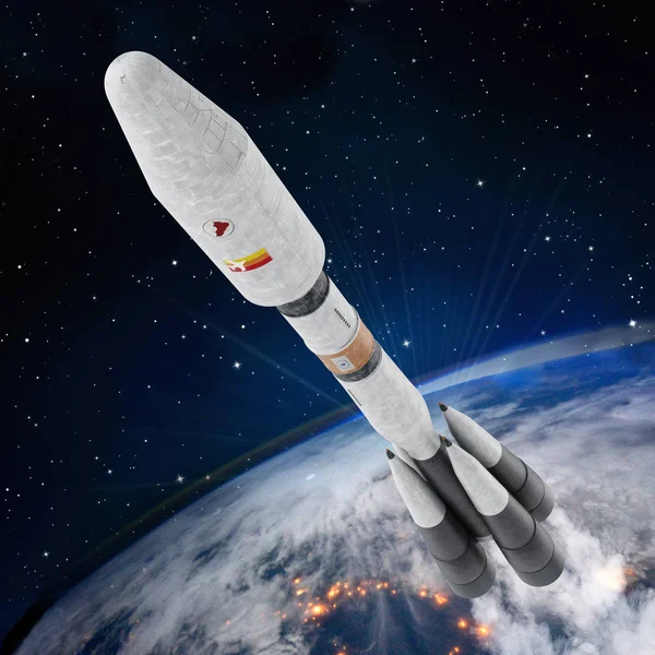 Space rocket leaves Earth's atmosphere. 3D illustration — Stock Photo, Image