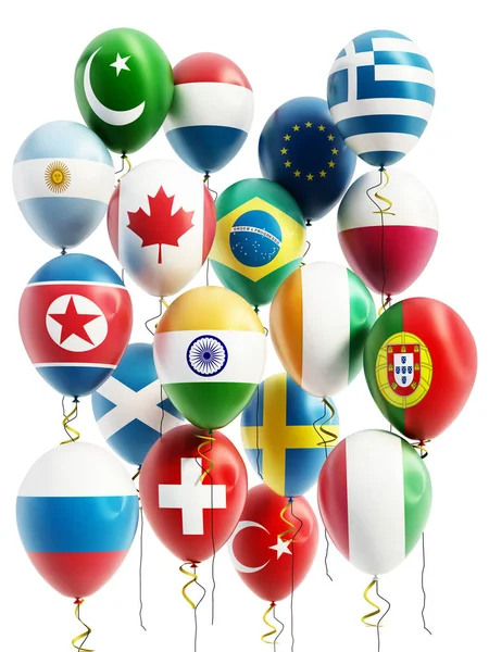 Vliegende ballonnen van verschillende landen. 3D illustratie — Stockfoto