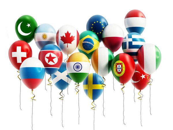 Flying balloons of various countries. 3D illustration