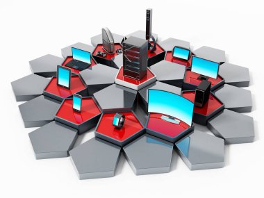 Pentagon ile ağ elektronik cihazları bağlamak döşer. 3D çizim