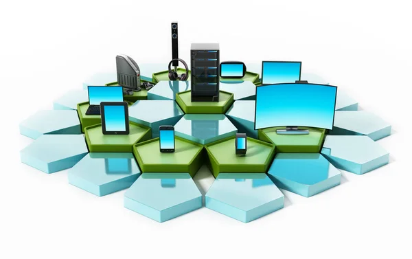 Network with pentagon tiles connecting electronic devices. 3D illustration — Stock Photo, Image