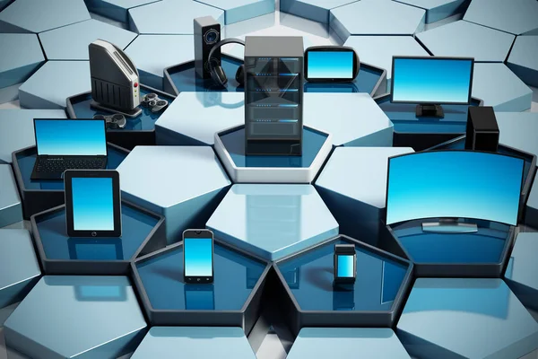 Netwerk met pentagon tegels aansluiten van elektronische apparaten. 3D illustratie — Stockfoto