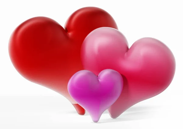 Punainen, vaaleanpunainen ja violetti hearts.3D kuvitus — kuvapankkivalokuva