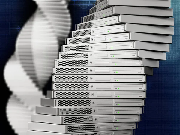 Блоки сервера данных в форме ДНК на темном фоне. 3D иллюстрация — стоковое фото