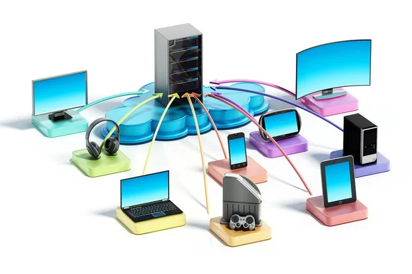 Electronic devices connected to the cloud network. 3D illustration — Stock Photo, Image