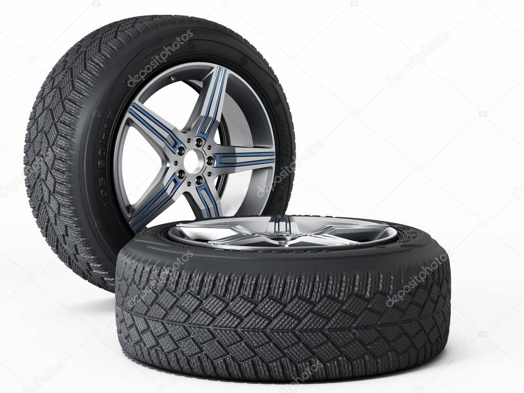 Winter tyres isolated on white background. 3D illustration