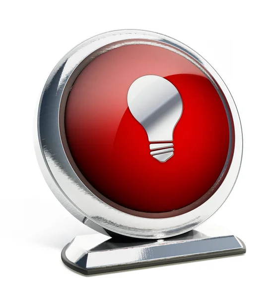 Botão vermelho brilhante com símbolo de lâmpada. Ilustração 3D — Fotografia de Stock