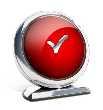 Onay işareti simgesi olan parlak kırmızı düğme. 3D çizim