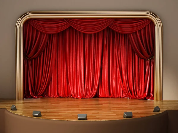 Teatro palcoscenico con tenda rossa chiusa. Illustrazione 3D — Foto Stock