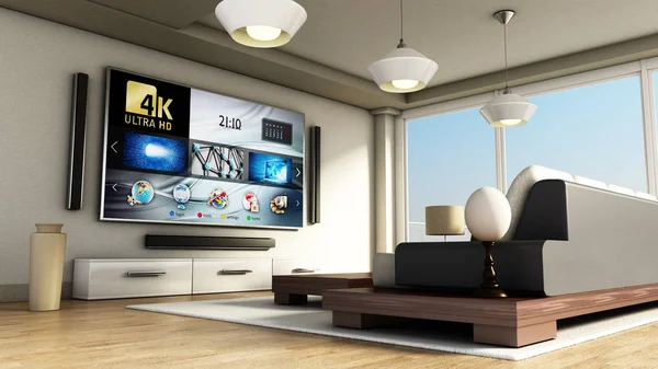 Nowoczesny 4k smart Tv Pokój z dużymi oknami i parkiet. ilustracja 3D — Zdjęcie stockowe