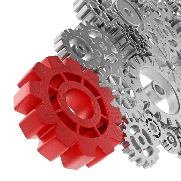 Metal gears connected to big red wheel. 3D illustration — Stock Photo, Image