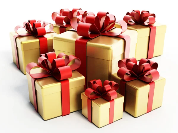 Gouden giftboxes met rood lint. 3D illustratie — Stockfoto