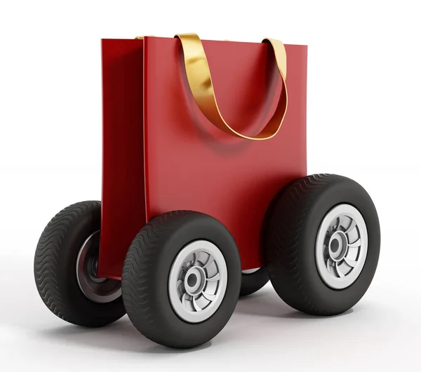 Shopping bag with wheels. Speed delivery concept. 3D illustration — Stock Photo, Image