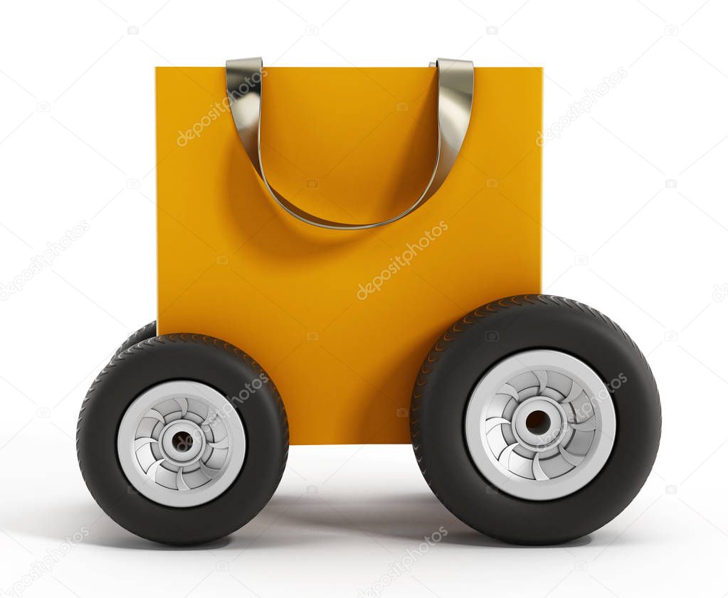 Shopping bag with wheels. Speed delivery concept. 3D illustration