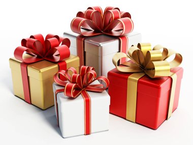 Beyaz arka plan üzerinde izole renkli giftboxes. 3D çizim