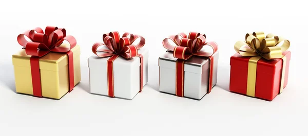Cajas de regalo coloridas aisladas sobre fondo blanco. Ilustración 3D —  Fotos de Stock