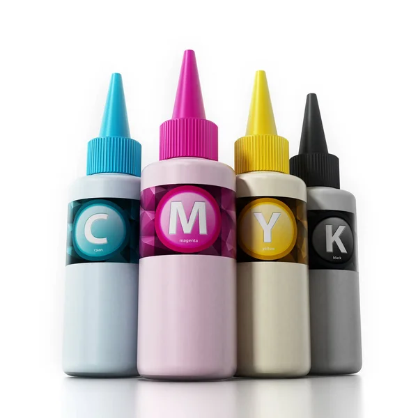Botellas de llenado de tinta CMYK. Ilustración 3D — Foto de Stock
