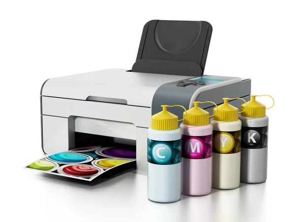 CMYK ink filling bottles and inkjet printer. 3D illustration — Stock Photo, Image