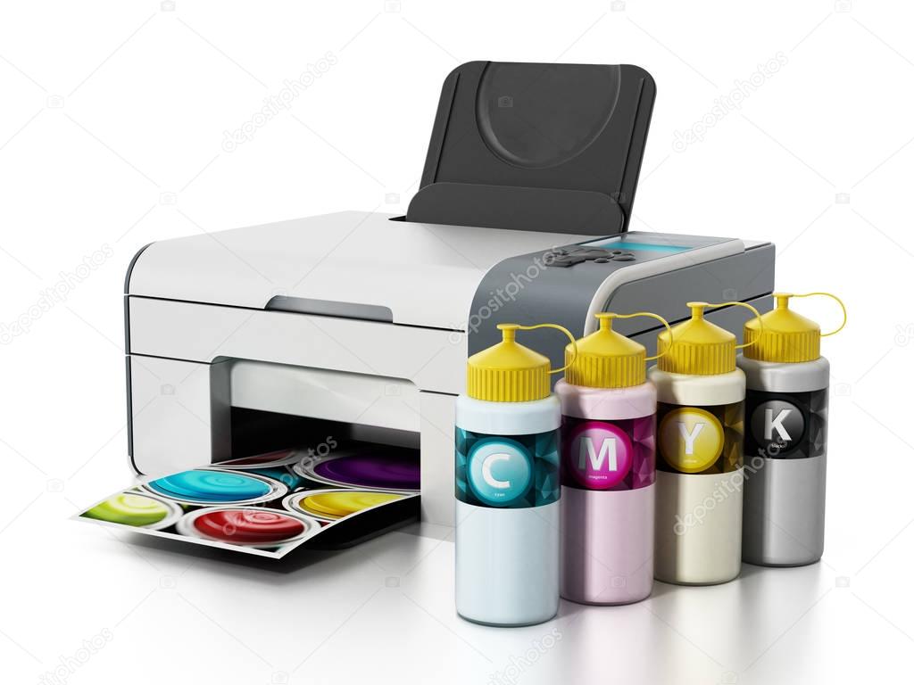 CMYK ink filling bottles and inkjet printer. 3D illustration