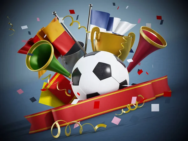 Fotboll, flaggor, band och trumpeter. 3D illustration — Stockfoto