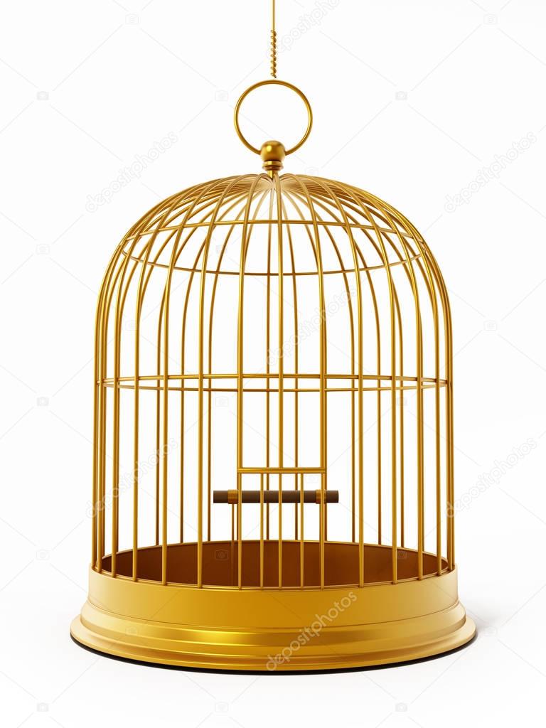 Gold bird cage isolated on white background. 3D illustration