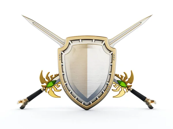 Escudo e espadas cruzadas. Ilustração 3D — Fotografia de Stock