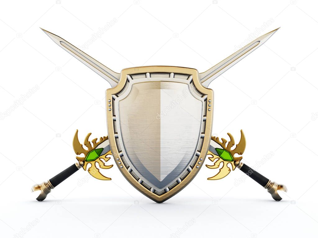 Shield and crossed swords. 3D illustration