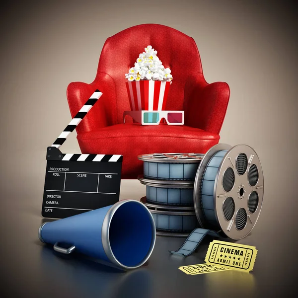 Kırmızı koltuk, pop corn, film makaraları ve kayrak. 3D çizim — Stok fotoğraf