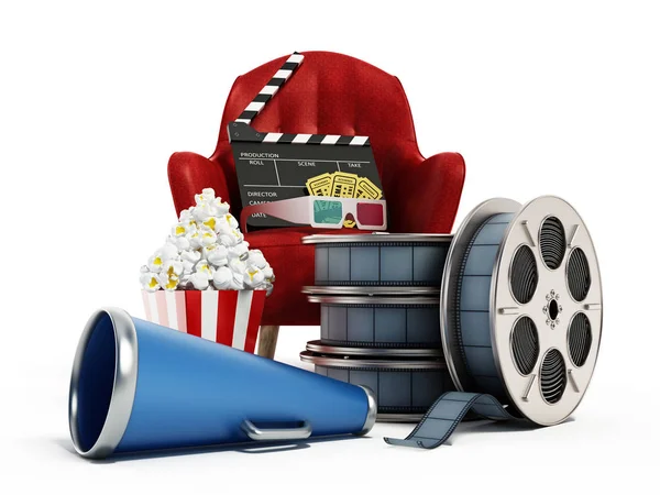 Assento vermelho, milho pop, rolo de filme e ardósia. Ilustração 3D — Fotografia de Stock