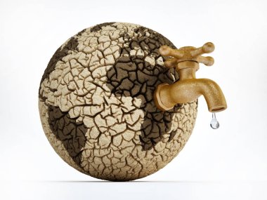 Musluk kırık toprak ile ıssız yeryüzünde. 3D çizim