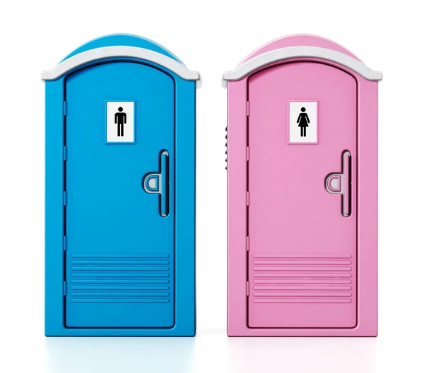 Portatili uomini blu e donne rosa WC. Illustrazione 3D — Foto Stock