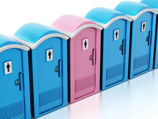 Hombres azules portátiles y mujeres rosas WCs. Ilustración 3D —  Fotos de Stock