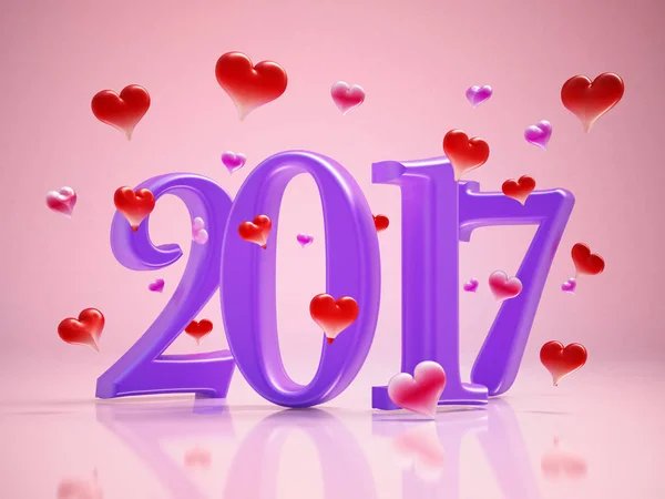 2017 text and hearts on pink background. 3D illustration — Stock Photo, Image