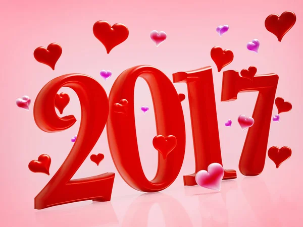 2017 text and hearts on pink background. 3D illustration — Stock Photo, Image