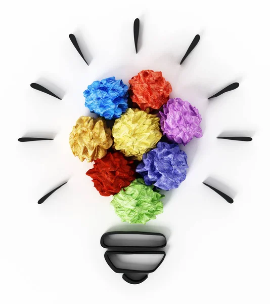 Colorful crumpled papers forming lightbulb shape. 3D illustration — Stock Photo, Image